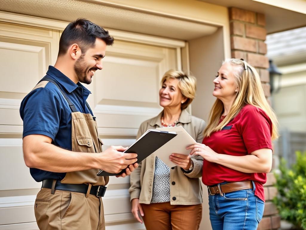 Sweet Home Garage Doors technician explaining repair options to homeowners in Sweet Home