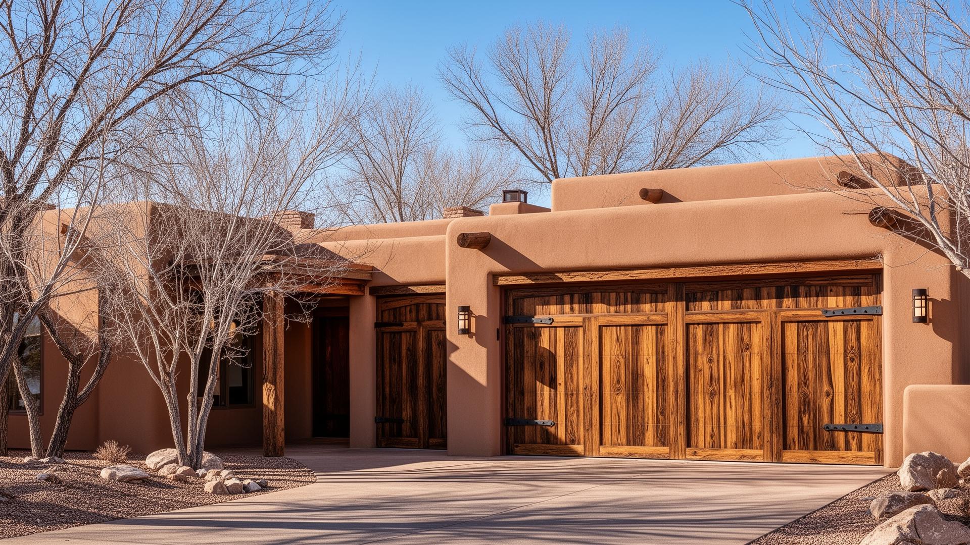 Beautiful rustic wood grain garage door with iron strap hinges on adobe style home in Sweet Home, Oregon